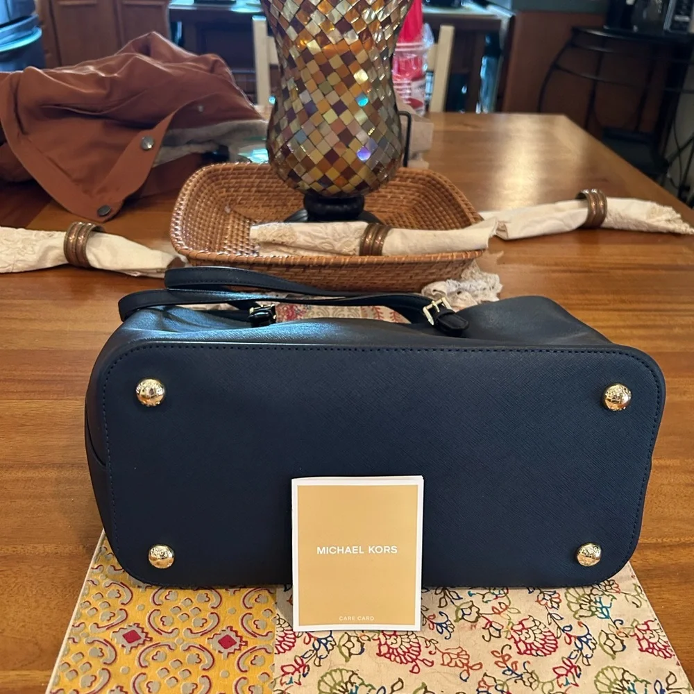 Michael Kors Dark Blue Tote with Gold Accents, New With Out Tags, Beautiful - Picture 3 of 7